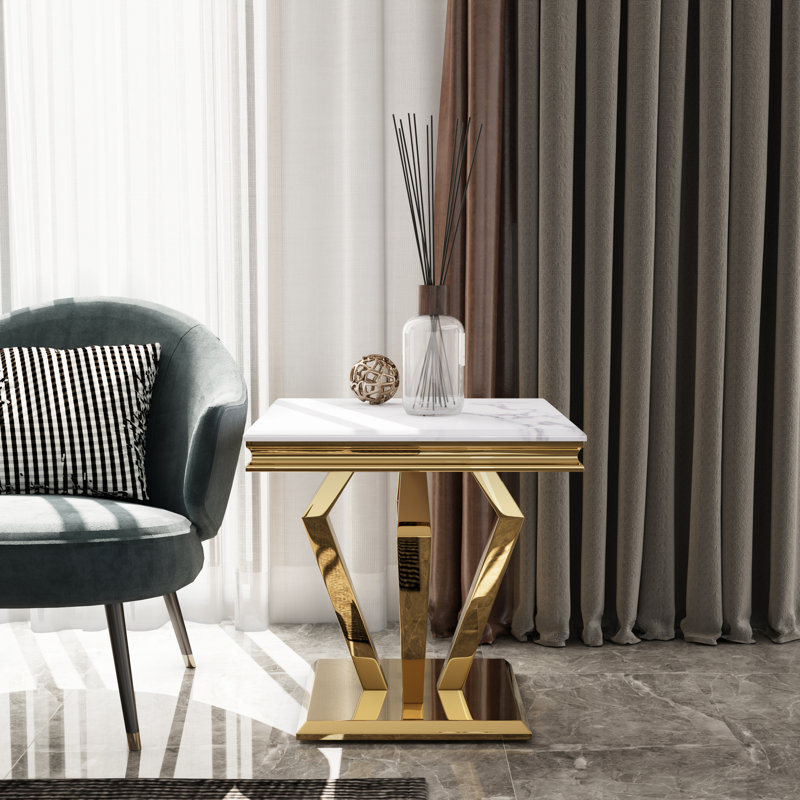 3 Piece Living Room Table Set, White, Gold