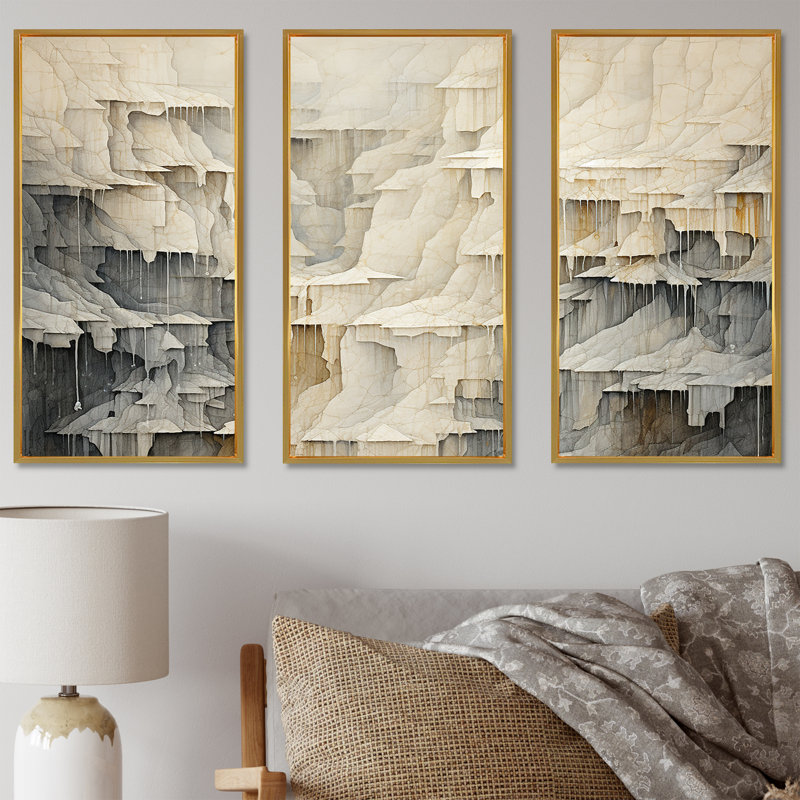 Beige et gris, simple cascade de falaise, Cadre flottant doré, H 32 po x l 48 po x P 1 po