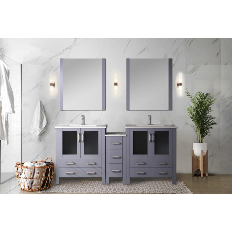 72 po W Double meuble-lavabo gris foncé avec armoires latérales, comptoir en céramique blanche, 28 miroirs, tiroir à fermeture en douceur, surface de couleur, option, comptoir antitache