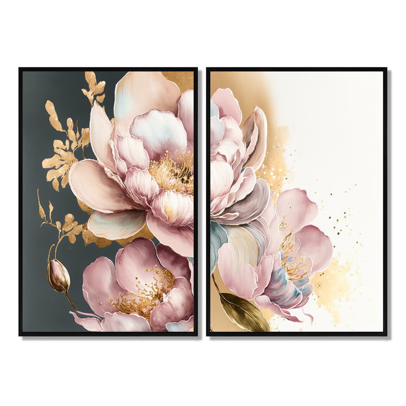 Orchidée rose et or II - impressions sur toile traditionnelles 2 pièces, H 36 po x l 48 po, Noir