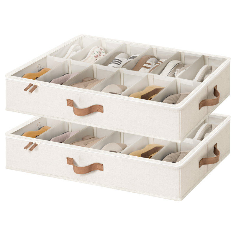 Fabric Shoe Storage Containers with Adjustable Dividers, Under Bed Shoe Organizer fits up to 24 Pairs, White, White