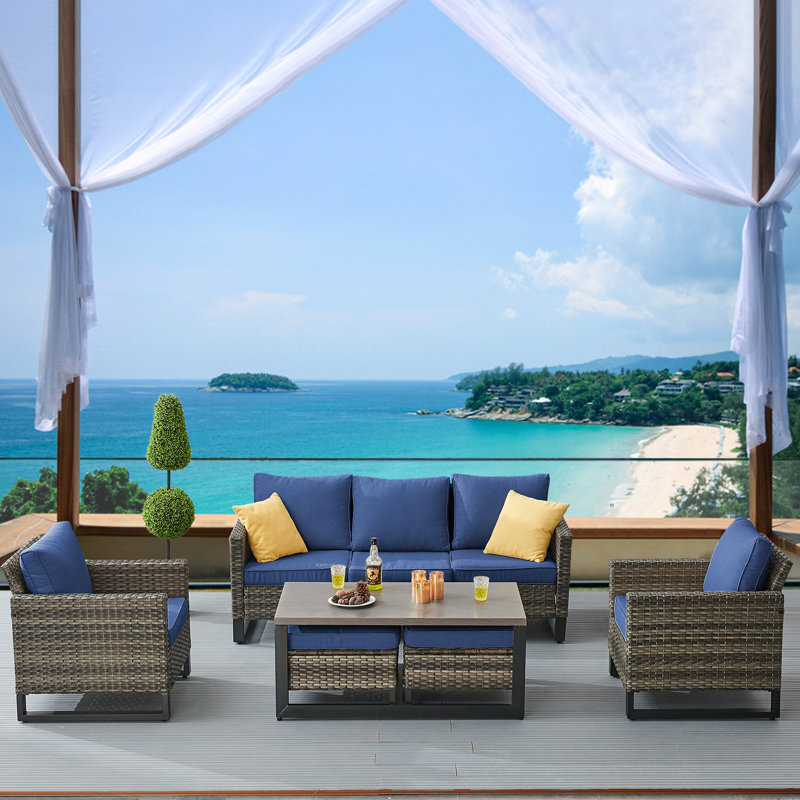 Nazime 6 - Pieces Outdoor Patio Sofa Seating Group with Ottomans and Cushions, Blue/Gray