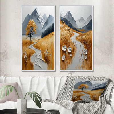 Yellow Scottish Highlands Mountain Landscape I - Scotland Wall Art 2 Pieces Set
