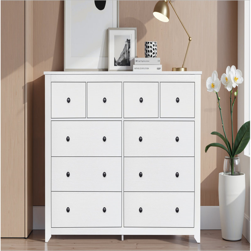 Commode moderne à 10 tiroirs pour la chambre à coucher - Vaste commode de rangement, Blanc antique