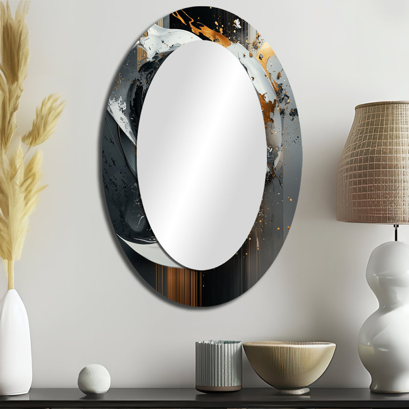 Noir et or abstrait formes et lignes IV - miroir mural ovale moderne doré, 36 po x 24 po