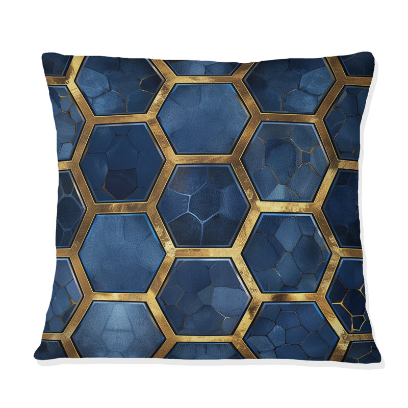 Gold Blue Hexagon Print - Modern Throw Pillow, 18"H x 18"W