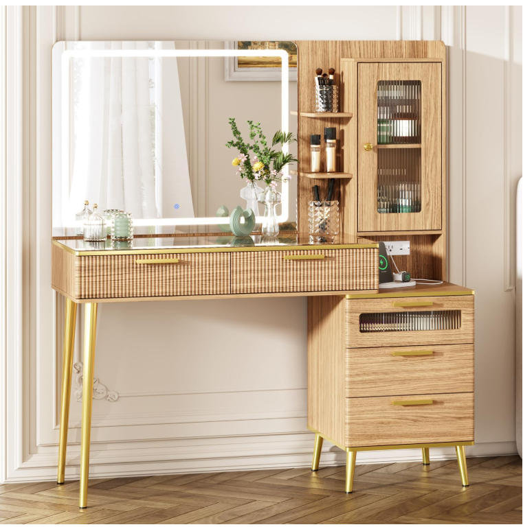 Bureau de coiffeuse avec miroir, coiffeuse de maquillage moderne, miroir éclairé et coiffeuse 5 tiroirs avec station de charge, coiffeuse de maquillage pour femme