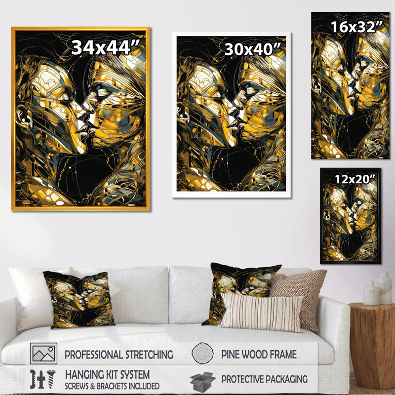 Acrylique Couple qui s'embrasse II - impression abstraite sur toile marbrée, H 32 po x l 16 po x P 1 po, Toile tendue