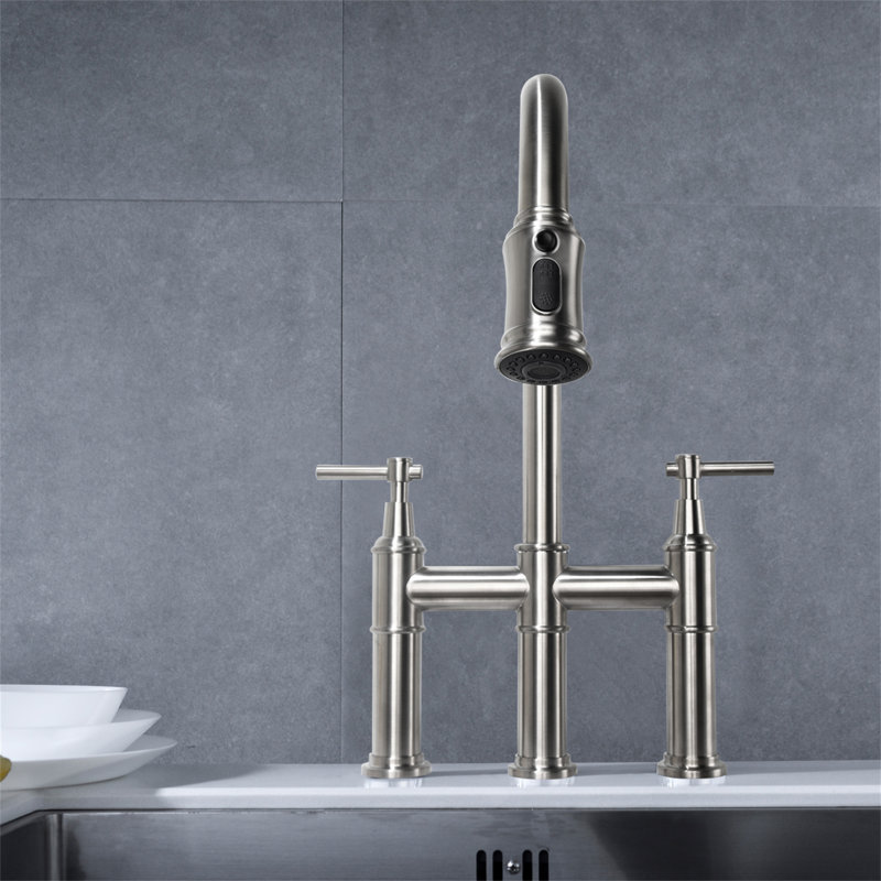 Robinet de cuisine Bridge avec douchette extractible encastrée, Nickel brossé