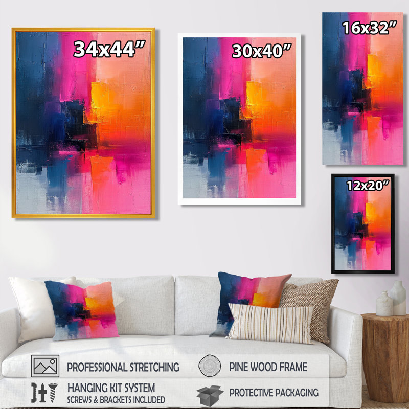 Fuchsia Sunrise - reproduction d'art abstrait mural, H 32 po x l 16 po x P 1 po, Toile tendue