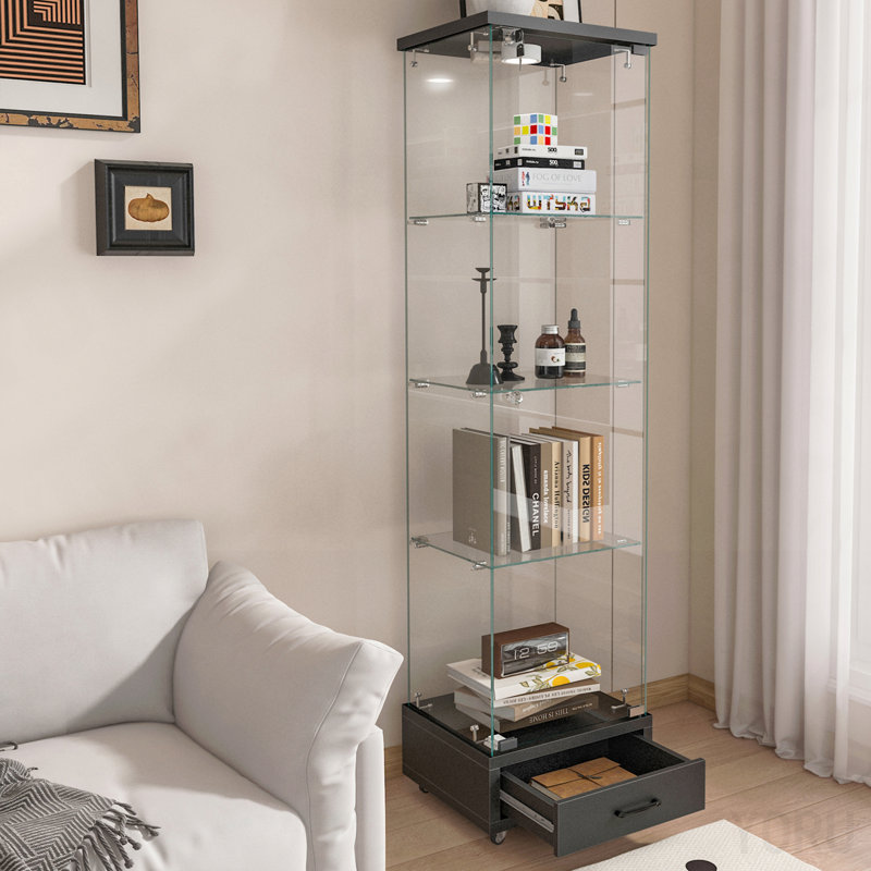 Vitrine à 1 porte / 4 tablettes, lumineuse, avec tiroirs - standard