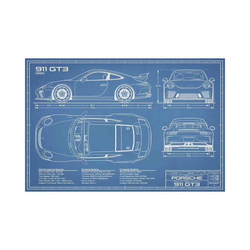 Conception de la 911 GT3 (991) de la compagnie - impression de dessin, Pas de tapis, Toile tendue