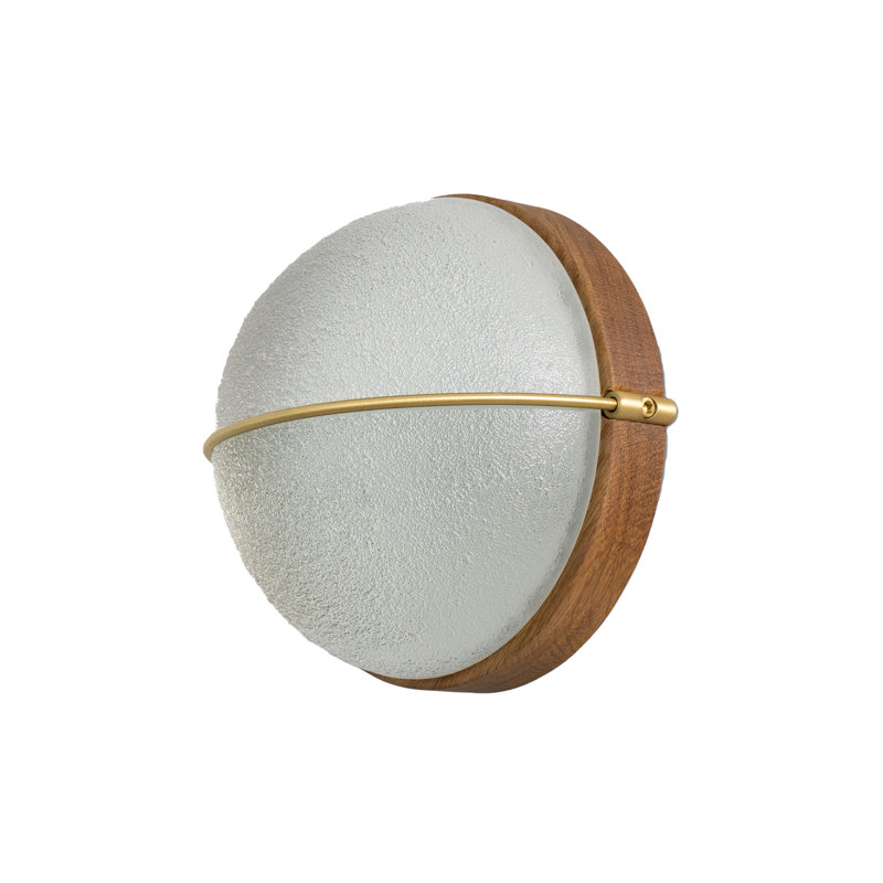 Sona LED Wall Sconce - Satin Distressed Brass Metal - Dark Stained Walnut Wood Disc - 2700K, 4000K - Bright White, White Oak