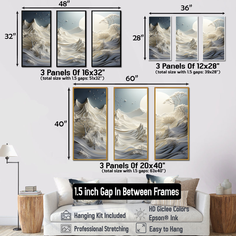 Abstrait Snowy Winter Mountains III - Art abstrait paysage mural, H 28 po x l 36 po x P 1 po, Cadre flottant noir