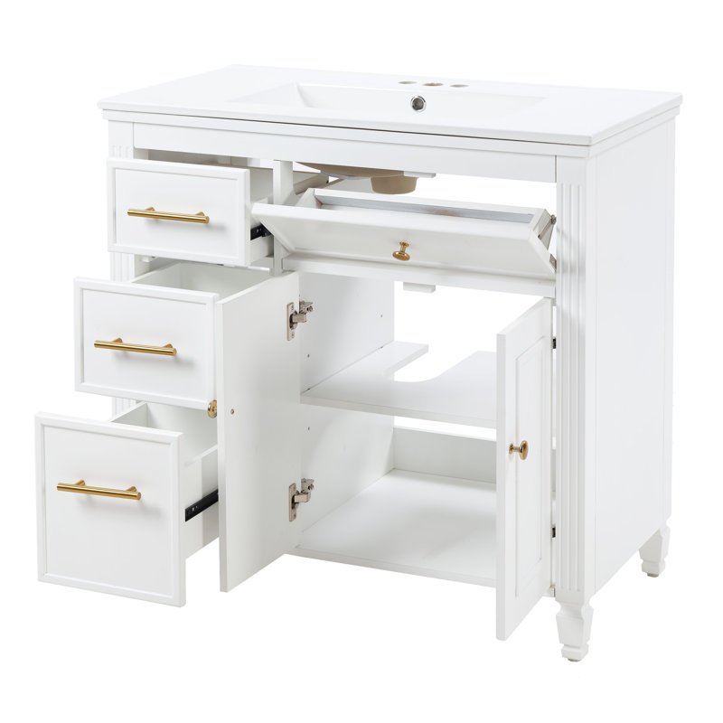 Meuble-lavabo 36 po avec lavabo, lavabo en céramique, tiroir coulissant, 3 tiroirs latéraux, tablette réglable, blanc