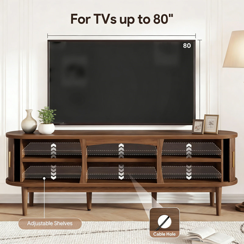 69" Mid-Century Modern TV Stand with Power Outlets - Fluted Sliding Door Media Console for 80" TVs, Japandi Walnut Finish