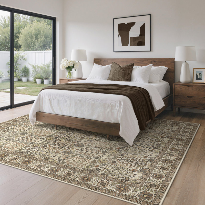 Tapis oriental oriental vert neutre antidérapant lavable à la machine Oriental, Tan, Rectangle 6 pi x 9 pi
