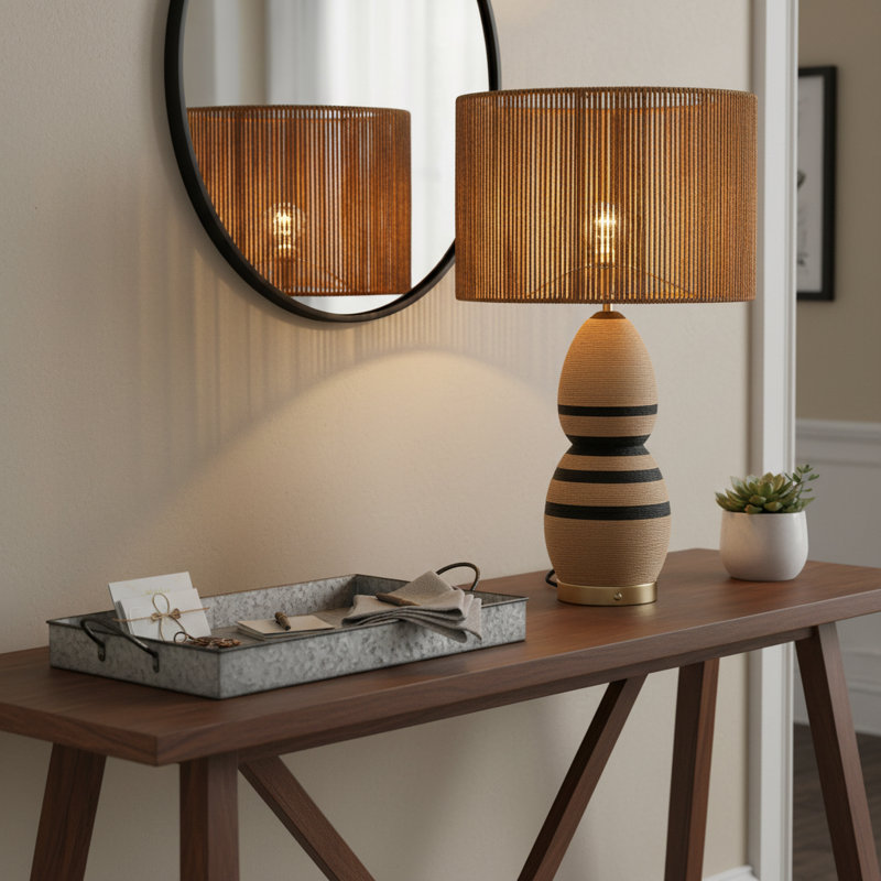 Lampe de table en rotin 27 "avec gradateur tactile USB 3 voies Brise, Noir / brun