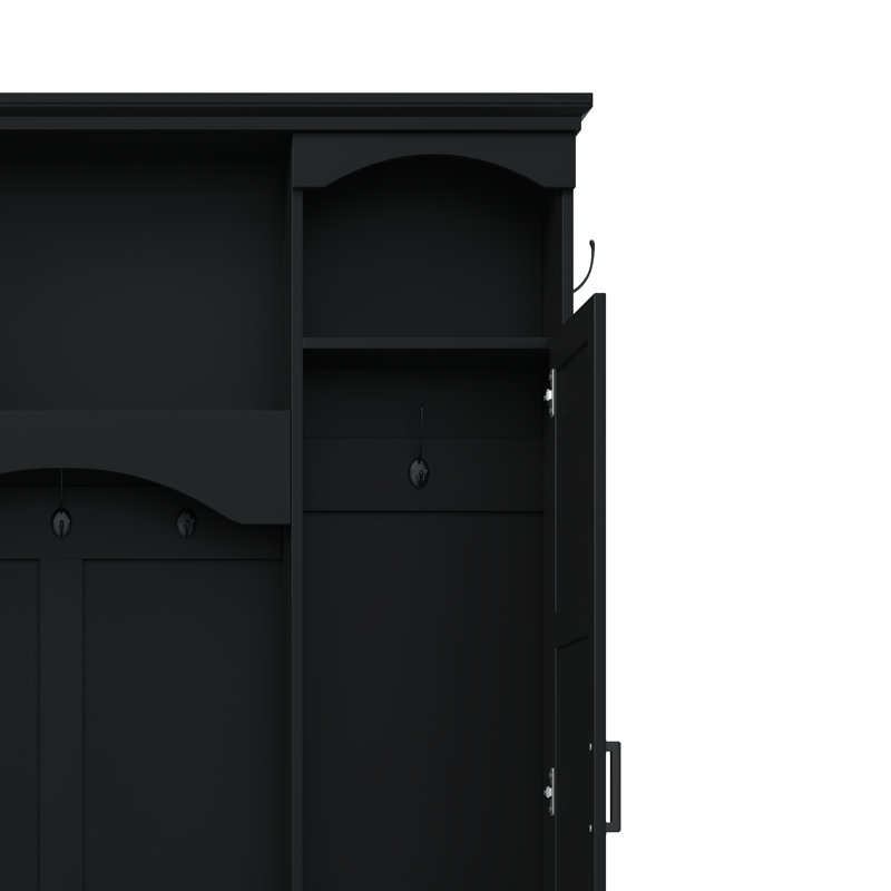 Modern All-in-one Hall Tree With Adjustable Shelves, Classic Arched Farmhouse Storage Bench With Dual Side Cabinets, Elegant Entryway Organizer With 7 Hooks For Mudroom, Hallway, Black