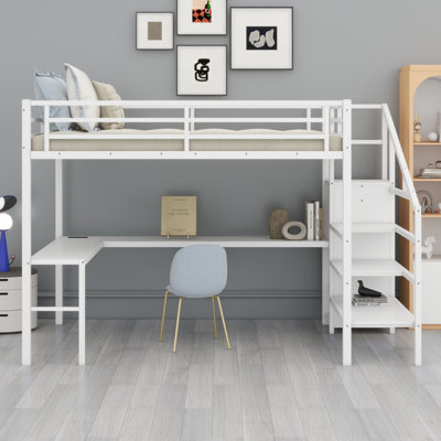 Loft Bed With L-Shaped Desk And USB, Wardrobe And Adjustable Shelf And LED by Ivy Bronx