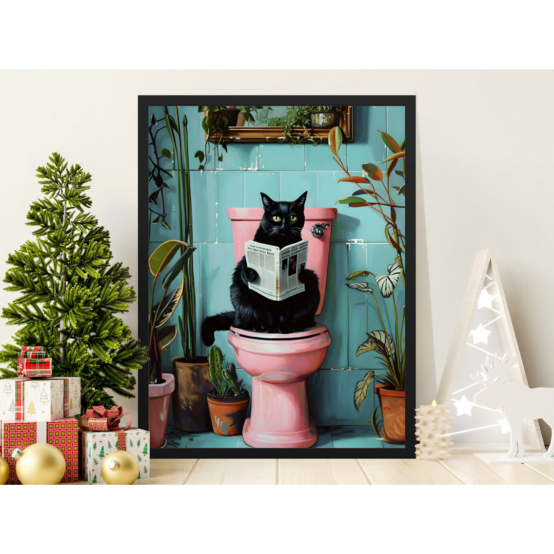 Black Cat Wall Art, Bathroom Decor, Funny Cat Print, Cat Reading Newspaper, Toilet Humor, Novelty Poster, Matte Vertical Poster