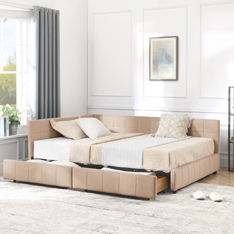Mid-century Style Full Daybed With Velvet Upholstery And Pad - Pink Bed Frame For Bedroom Living Space Size Storage Drawer