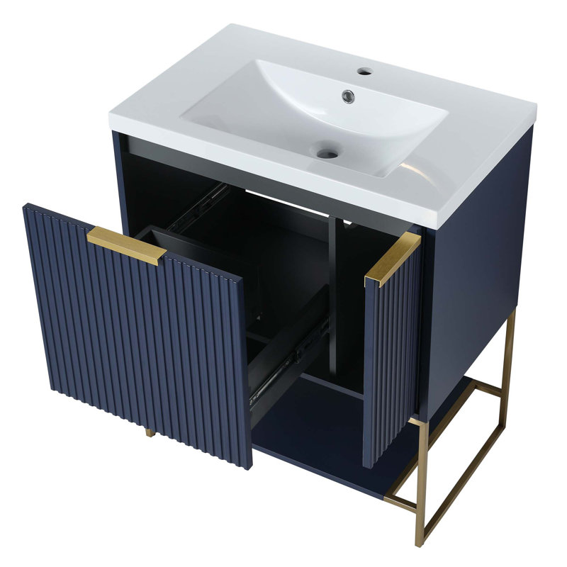 Meuble-lavabo autoportant de 30 pouces avec lavabo en résine, Bleu / Noir