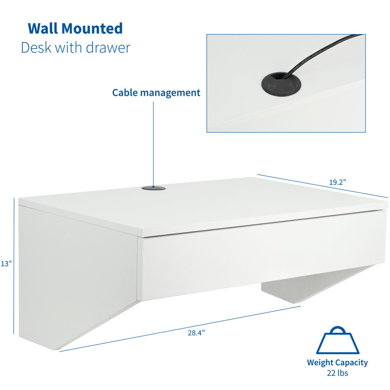 Tablette de rangement murale flottante blanche VIVO, tiroir de bureau, DESK-SF01W