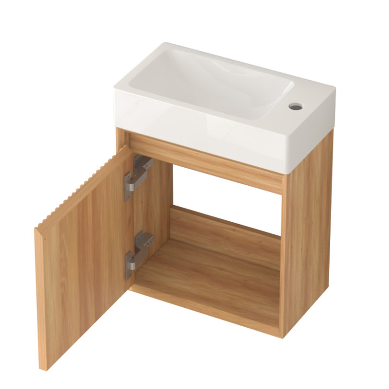 16" Modern Wall-Mounted Small Acacia Wood Bathroom Vanity Cabinet With Resin Basin