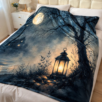 Mysterious Moonlit Lantern Scene Throw Blanket, Cozy Plush Decorative Bed Blanket for Sofa Couch Bedroom Living Room Home Decor