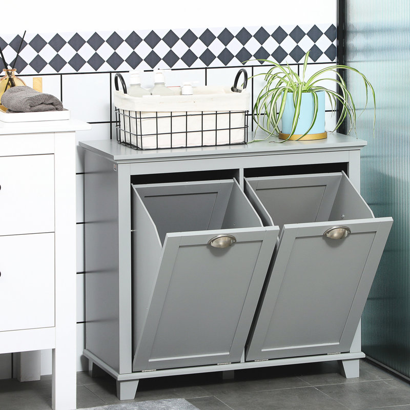 Tilt-out Bathroom Laundry Cabinet, Gray Storage With Hamper - Sufficient Space For Laundry, Construction, Water-, Easy Maintenance, Toppling Security, 30" W X 15.55" D 27.5" H Two Compartments Ample