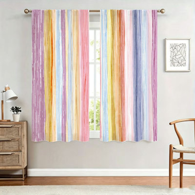 2Pcs Vertical Stripe Curtains, artistic watercolor brush strokes, pastel color palette, room darkening and privacy, rod pocket, for living, bedroom, kids, home decor