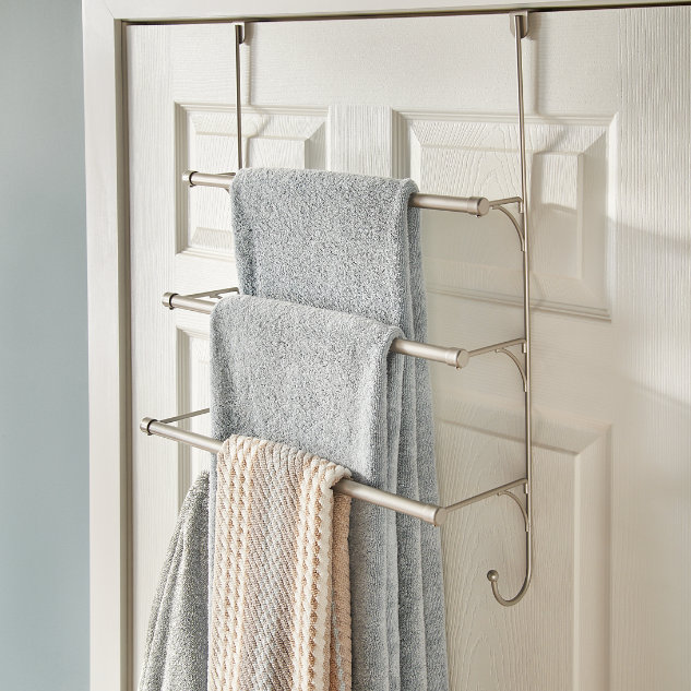 Brushed Nickel Over-the-Door Triple Towel Rack with Hooks