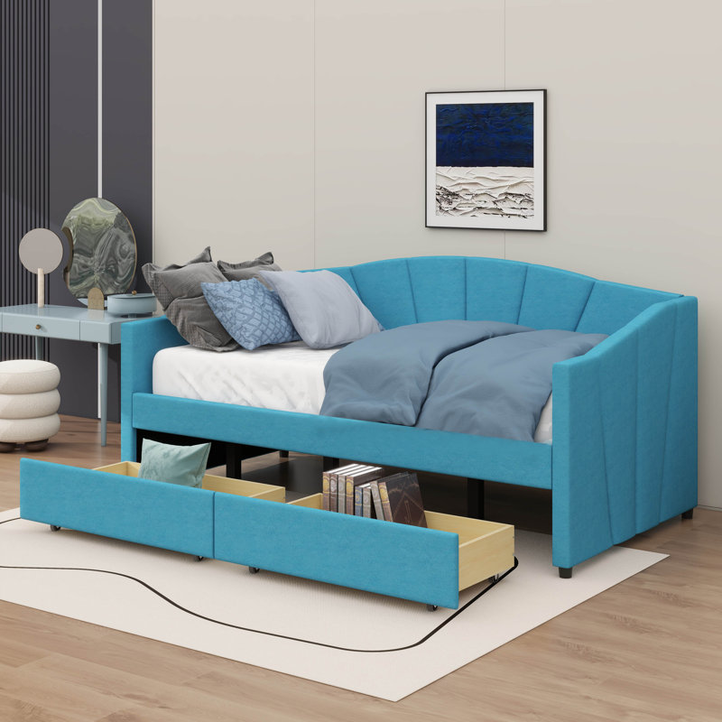 Upholstered Twin Size Daybed With Two Drawers, Blue