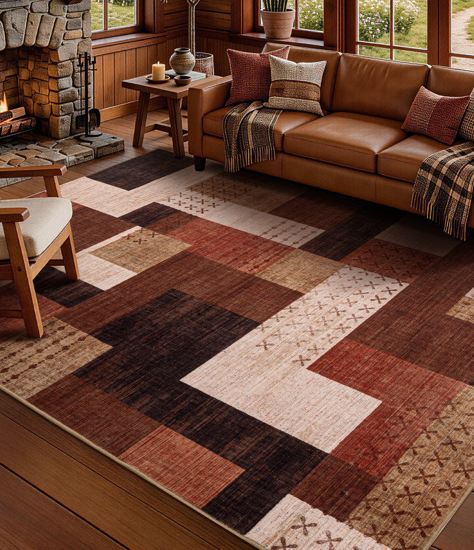Tapis géométrique rustique du sud-ouest, lavable à la machine, avec envers antidérapant, Rectangle 9 pi x 12 pi