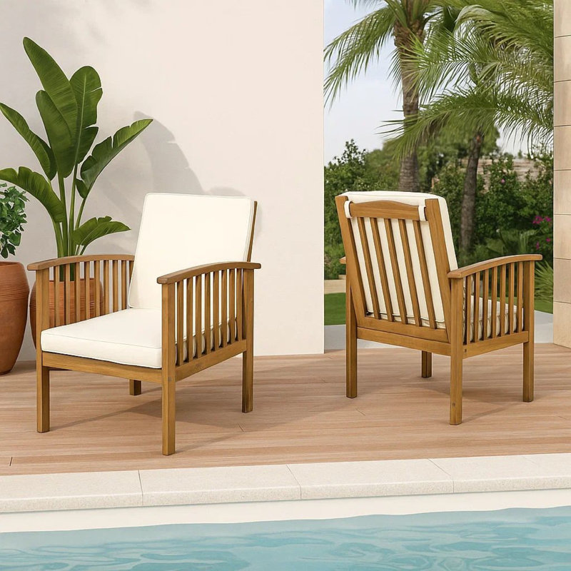 Ensemble de 2 fauteuils club d'extérieur Gerry, tissu crème, brun clair à lattes