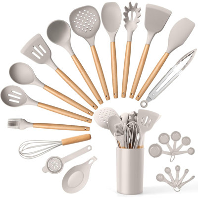 25-Piece Silicone Kitchen Utensil Set With Wooden Handle, Heat Resistant Up To 446°F, Non-Toxic & Safe For Nonstick Cookware, Includes Holder For Easy Storage