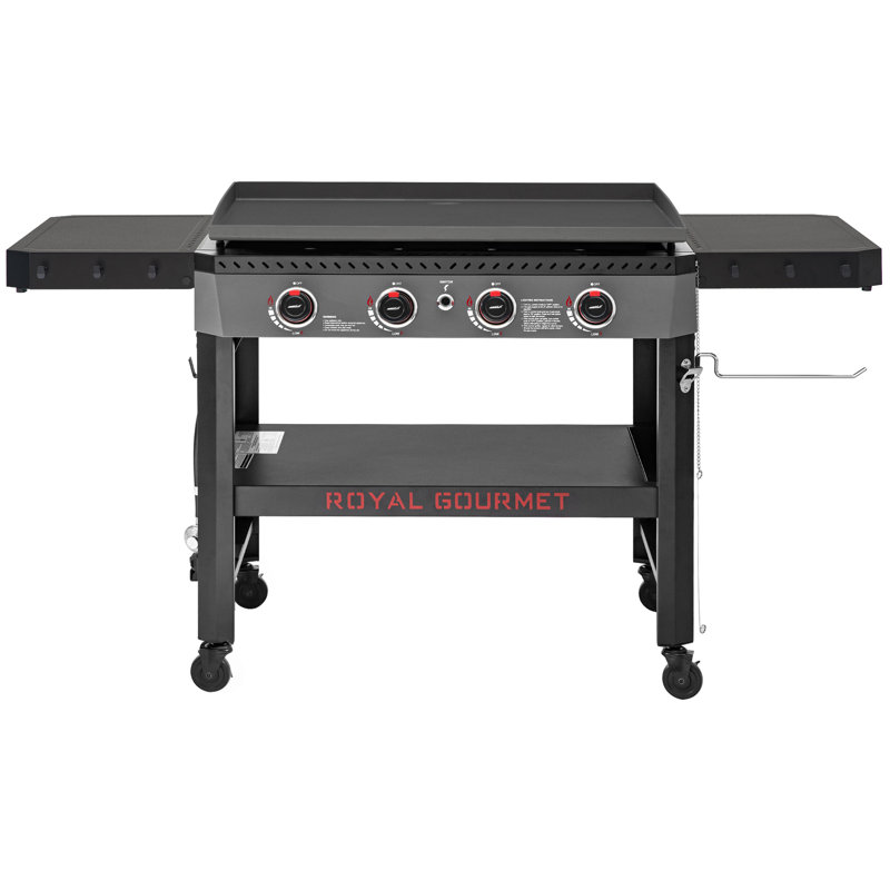 Plaque chauffante au propane de 34 pouces à 4 brûleurs avec tablettes latérales pliables et panier de rangement Royal Gourmet