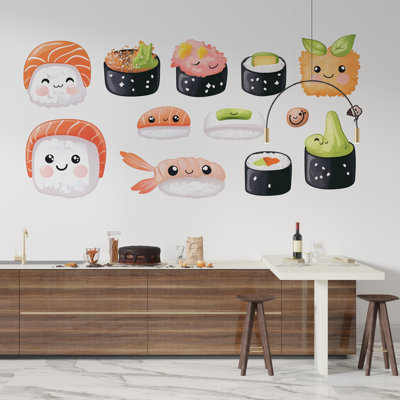 Cute Sushi Wall Mural Kawaii Food Wall Art Japanese Cafe Kitchen Decor 383Mv
