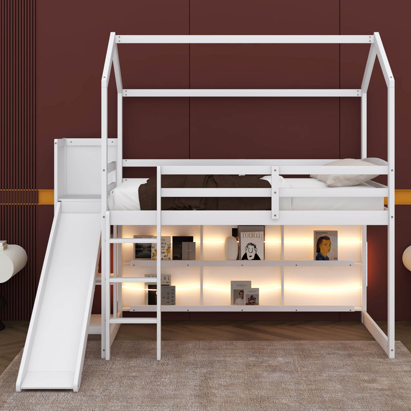 Annieruth Twin Size Wood House Loft Bed With Slide, Storage Shelves And Light, White