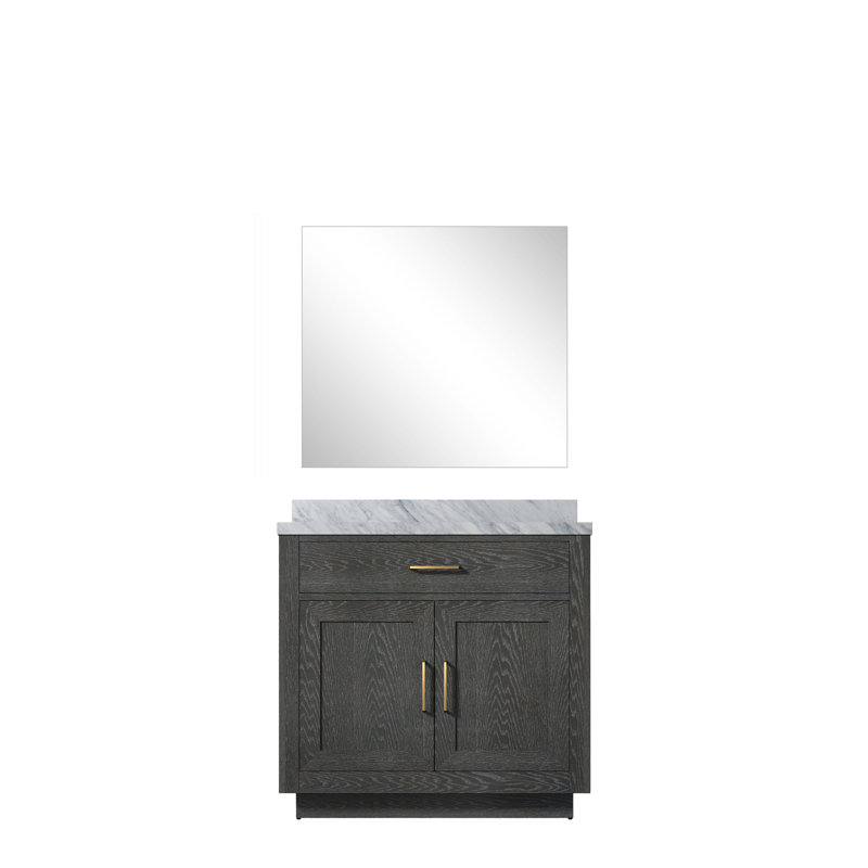 Meuble-lavabo double Shelter et miroirs 28 po, Chêne gris, 36", Marbre de culture blanc