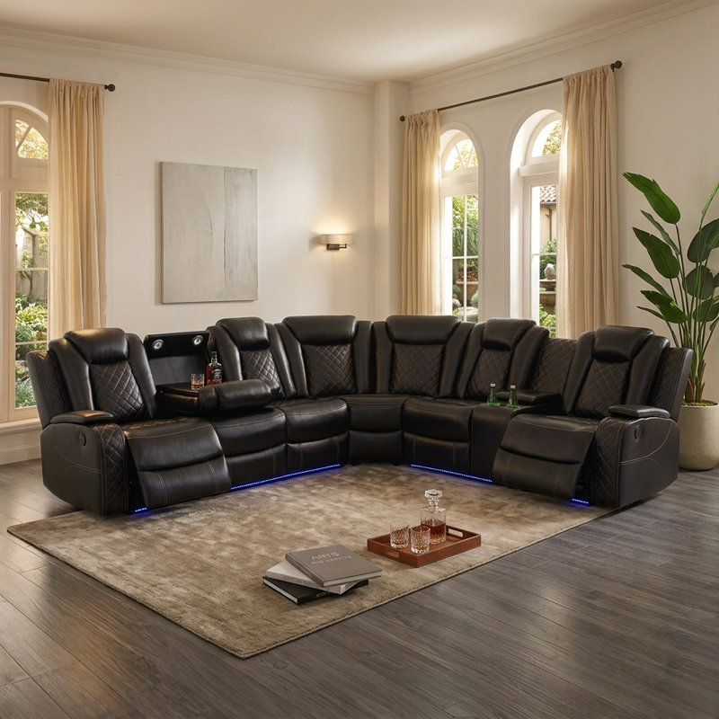 Canapé modulaire inclinable électrique en cuir Shamla, Noir, noir, noir, noir