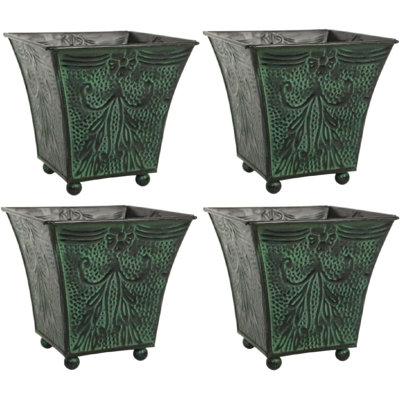Hosley Set of 4 Green Patina Embossed Metal Planters with Ornate Floral Design, 5.25" L x 5.25" W x 5" H – Ideal for Floral Arrangements, Home Décor, Garden Accents, Rustic Weddings.