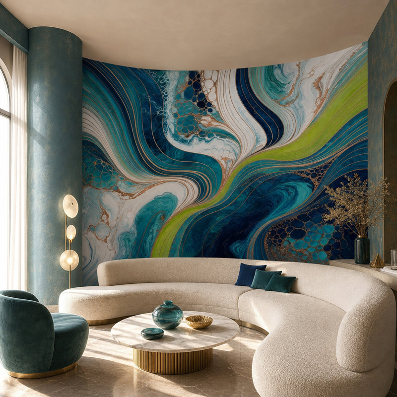Abstrait marbré abstrait fluide vagues bleu sarcelle et bleu marine amovible, 100 po x 96 po, Non tissé