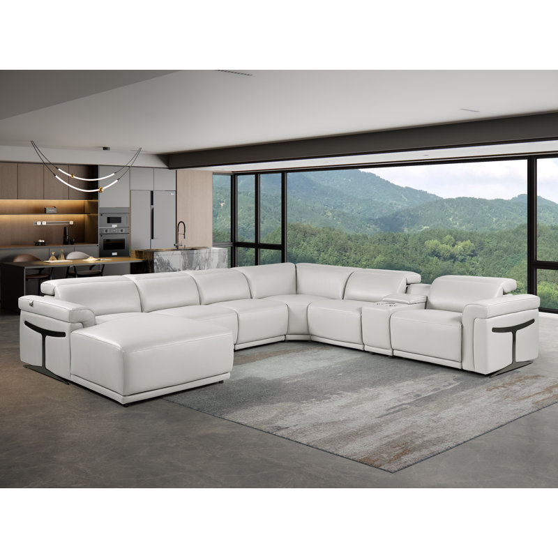 Canapé modulaire en forme de L gris clair de 7 pièces avec 2 fauteuils inclinables électriques et appuis-tête réglables orientés vers la gauche