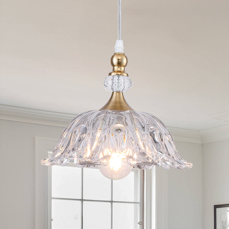  Luminaire suspendu en forme de dôme à 1 lumière de 10,23 po de large avec abat-jour en verre pétale avec cordon, Doré