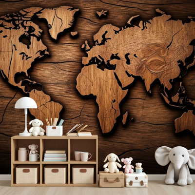 Papiers peints abstraits à peler et à coller, carte du monde en bois, gravures murales à surface rustique, H 69 po x l 96 po, papier peint amovible en PVC, adhésif mural pour chambre à coucher, bureau à domicile