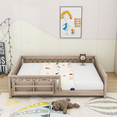 Wooden Platform Bed With Guardrails, Built‑In Storage Shelves And Center Legs