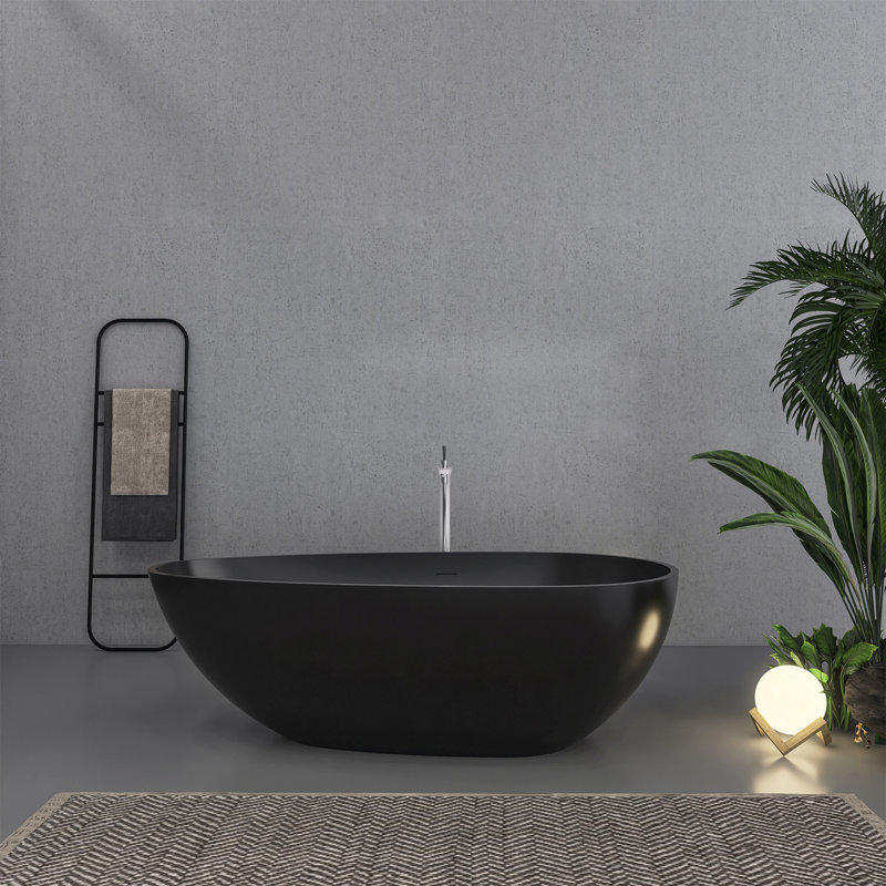 66.9 Inch Freestanding Solid Surface Soaking Bathtub For Bathroom, Black