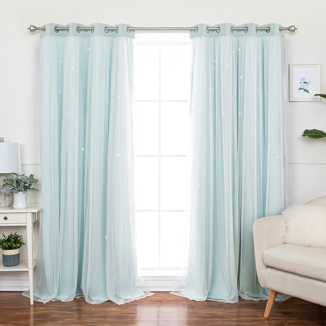 Night Sky Laser Punch Tulle Overlay Room Darkening Silver Grommet Curtains (Set of 2) Mercer41 Curtain 